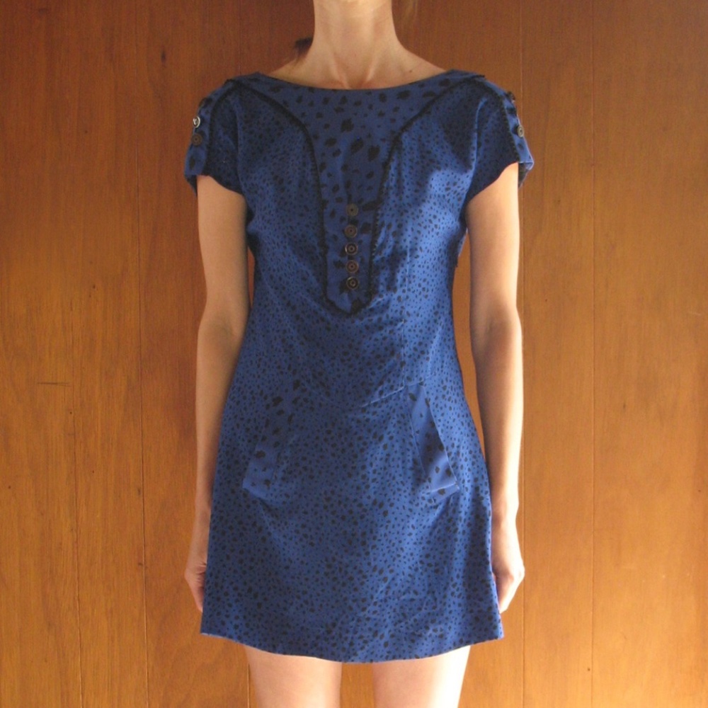 Mayle blue silk spot leopard print mini dress 2 XS